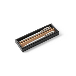 Conjunto de roller e esferográfica com corpo em aço inox 53% reciclado com escrita em preto