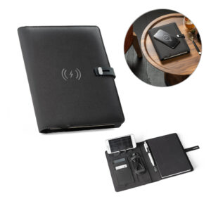 Pasta A5 em 300D poliéster reciclado (100% rPET) com carregador wireless embutido 5'000 mAh