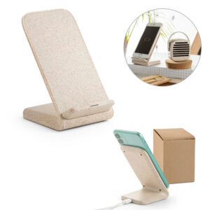 Suporte para celular com carregador wireless em fibra de palha de trigo e ABS