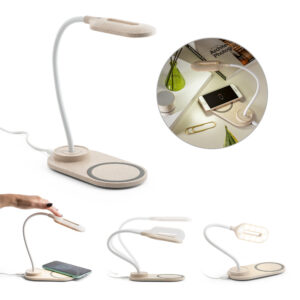 Luminária de mesa com carregador wireless em ABS e fibra de palha de trigo