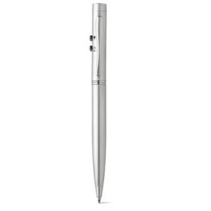 Esferográfica em metal com ponteira laser, LED e escrita em azul