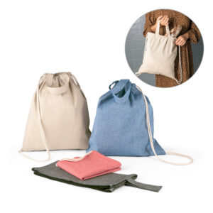 Sacola tipo mochila em 70% algodão reciclado e 30% poliéster reciclado (140g/m²)