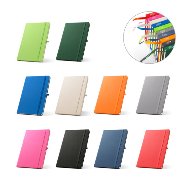Caderno A5 de capa dura em poliéster 100% reciclado (100% rPET) com cantos redondos e folhas pautadas
