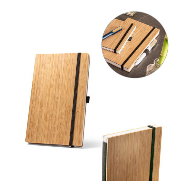 Caderno de bolso de capa e contracapa em placa de bambu e lombada em poliéster 100% reciclado (100% rPET)