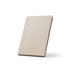 Caderno A5 em matéria orgânica de elefante (95%) e algodão de trapo (5%) com páginas pautadas reciclado, com 160 páginas pautadas recicladas