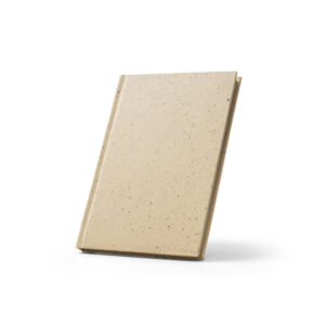 Caderno A5 com resíduos da cevada (25%) e trapos de algodão reciclado (75%) com folhas pautadas, com 160 páginas pautadas recicladas