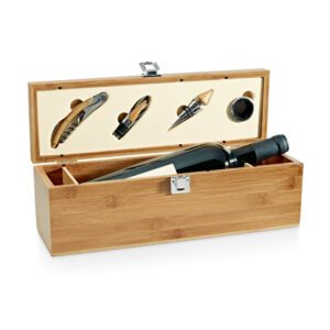 Conjunto para vinho em bambu e zinco
