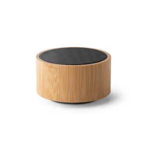 Caixa de som portátil em bambu e ABS com microfone e autonomia de 2h