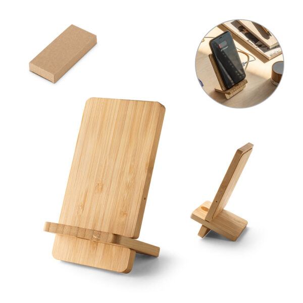 Carregador wireless super rápido e suporte em bambu para smartphone 10 W