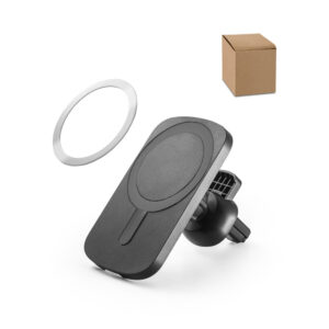 Carregador magnético wireless em ABS (60% reciclado) e silicone com a funcionalidade de suporte para carro
