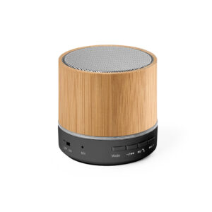 Caixa de som portátil com microfone, em bambu e ABS 100% reciclado 400 mAH