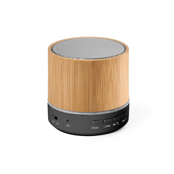 Caixa de som portátil com microfone, em bambu e ABS 100% reciclado 400 mAH