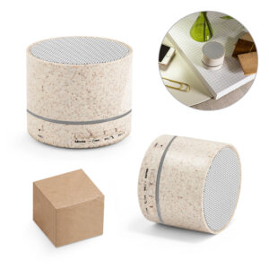 Caixa de som portátil com microfone, em fibra de palha de trigo e ABS 100% reciclado