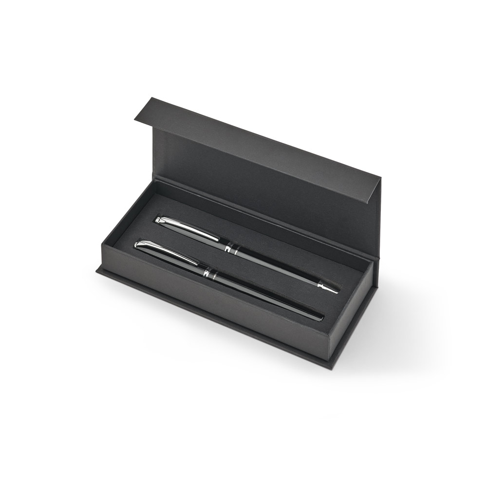 Set premium de 1 caneta esferográfica e 1 caneta roller em cobre e aço inox, com escrita em azul