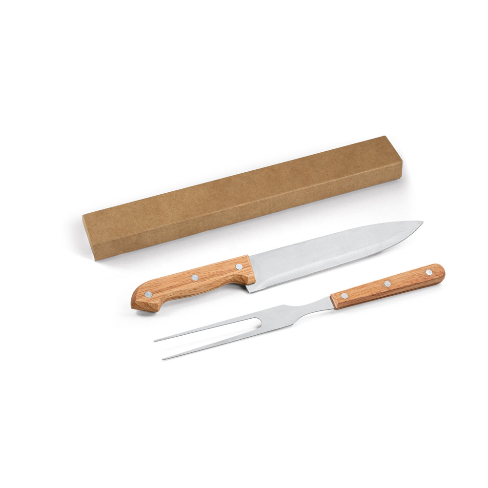 Kit churrasco em caixa presente de papel kraft reciclado com 2 utensílios em aço inox e bambu