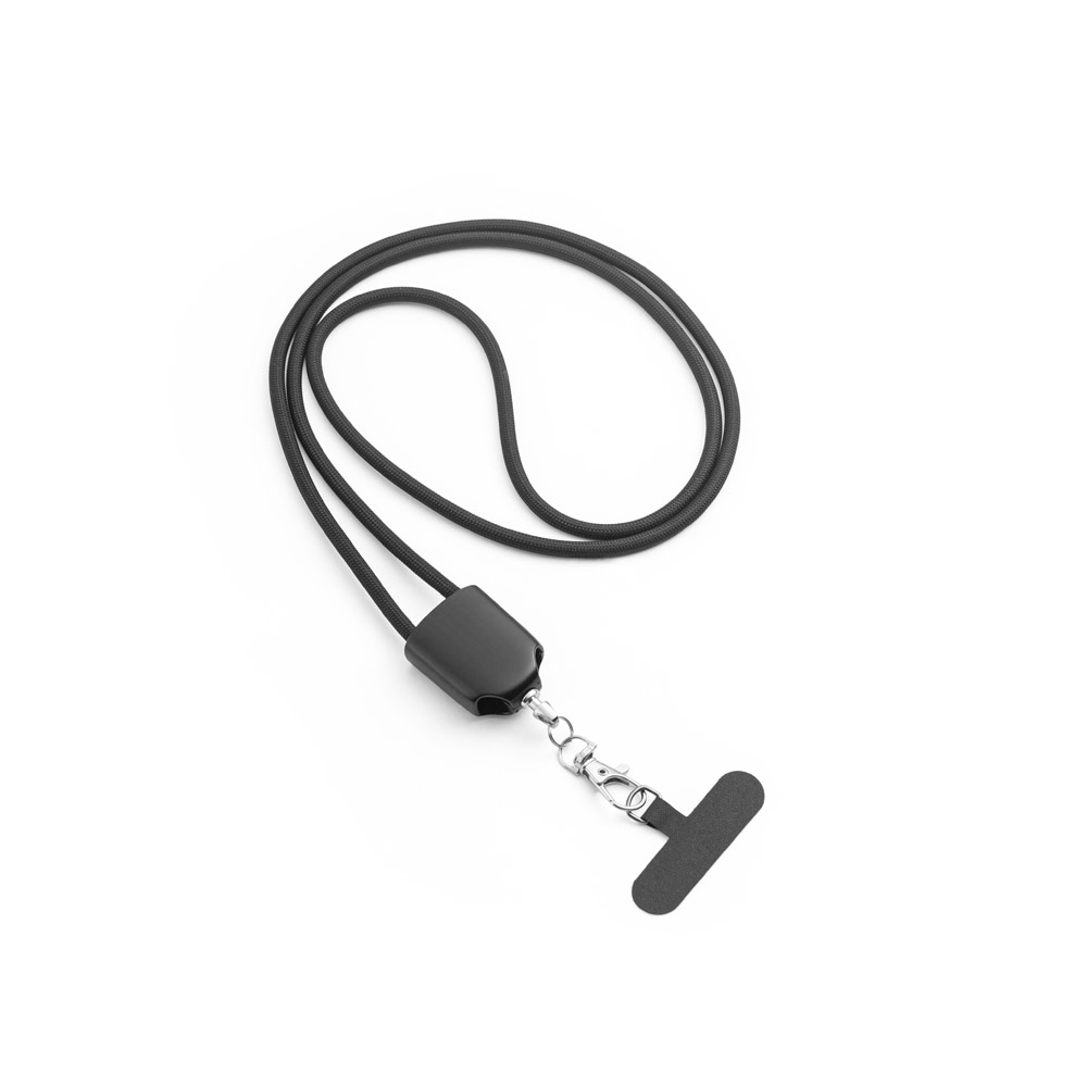 Cordão lanyard com suporte para celular incluso, cabo USB-C e diversos adaptadores em ABS reciclado e TPE reciclado